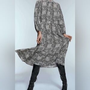 Zara Crepe Black and White Animal Print Midi Dress size small